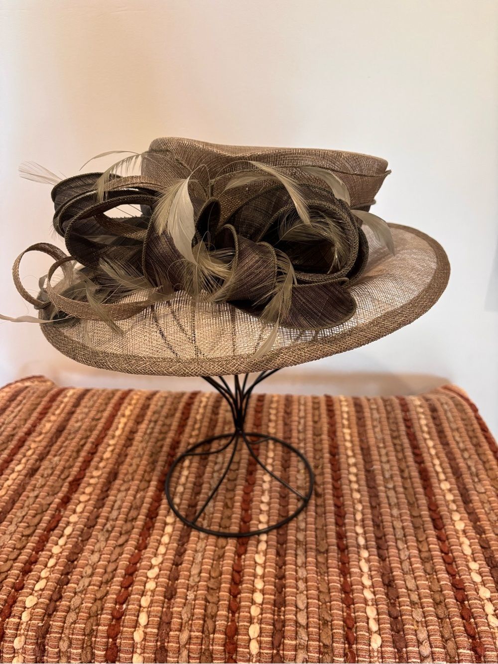 Hats by Katie Couture Sinamay Kentucky Derby Wedding Hat Taupe Brown Feather